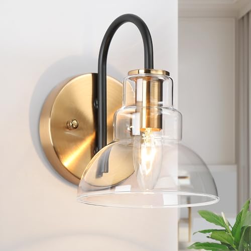 KSANA Black and Gold Wall Sconce, Modern Sconces Wall Lighting for Bedroom, Gold Wall Mounted Lights with Clear Glass Shade for Living Room, Bathroom, Hallway