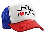 I Heart Sushi - 69 eat Out Sexy Down Town - Vintage Retro Style Trucker Cap Hat (R W B)