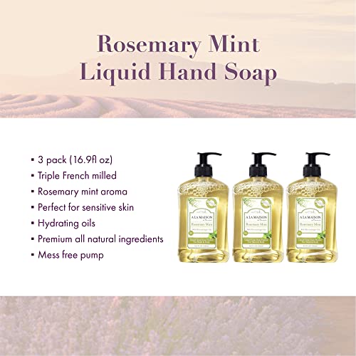 A La Maison Rosemary Mint Liquid Hand Soap - Triple French Milled Natural Moisturizing Soap (3 Pack, 16.9 Oz Bottle) #TOP1
