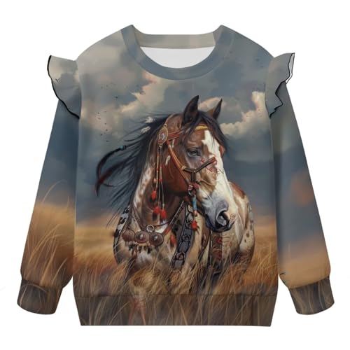 WELLFLYHOM Western Horse Girls Shirts Top 3-4T Toddler Crewneck Long Sleeve Sweatshirt Native Graphic Casual Top Drop Shoulder Ruffle Sleeve Fall Outfit for Fall Winter Spring4