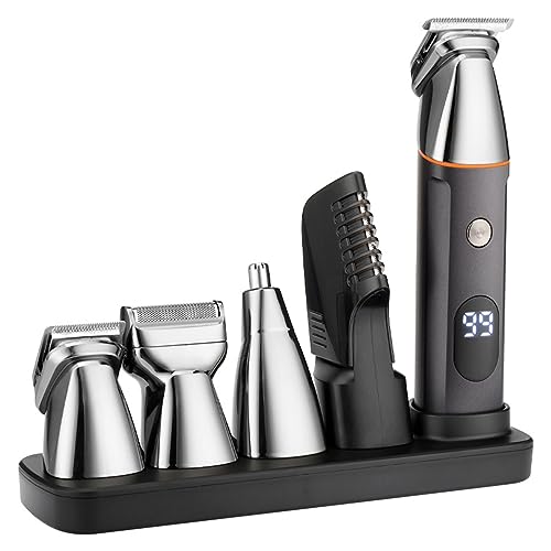 Mens Beard Trimmer 5 in 1 Cordless Hair Trimmer Kit, Waterproof Electric Nose Hair Trimmer USB Rechargeable and LED Display Hair Cutting Kit (Silvery)