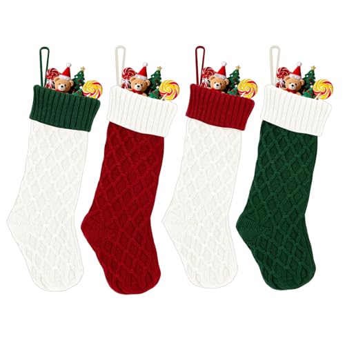 Summerdate Medias de Navidad de 46 cm, 4PCS Calcetines Navideños Tejidos, Gran Decoración Navideña con Patrones Clásicos, Adorno Colgante para Chimenea
