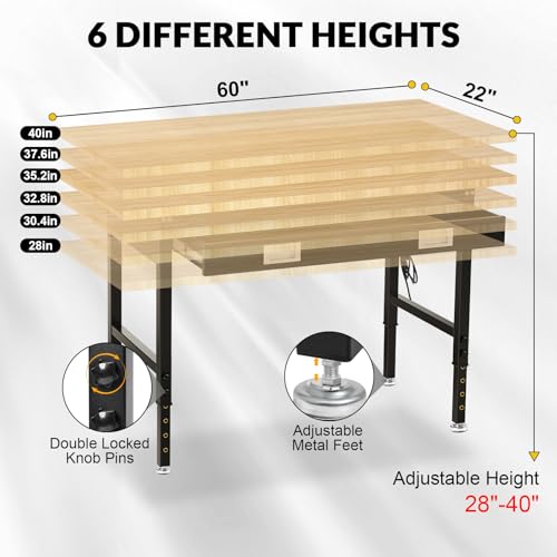 Image of 60 inch Workbench with Drawers, Adjustable Height Work Bench 2000 LBS Heavy-Duty Work Table Rubber Wood Work Station with Power Outlet & Pegboard for Garage, Office, Workshop, Home, Party Shop