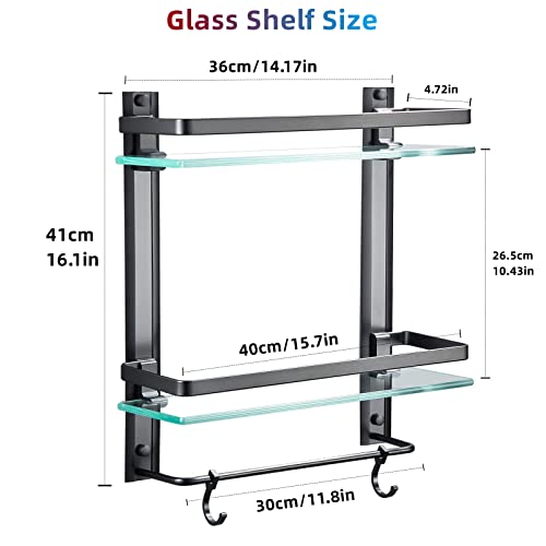 Aijaly Bathroom Glass Shelf,Aluminum Tempered Glass 0.34In Extra Thick Rectangular 2 Tier Storage Organizer Wall Mount,Black 15.7In #TOP2