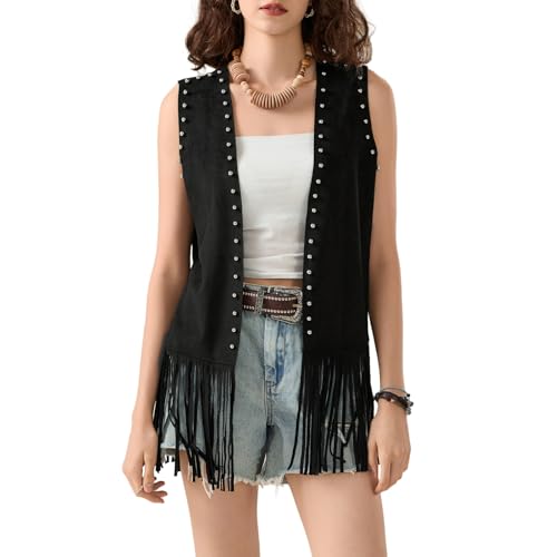 Women's Tassel Sleeveless Vest Rivet Open Front Long Outerwear 70s Hippie Faux Jacket Cowgirl Western Cardigan