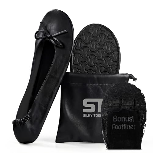 Silky Toes Women's Foldable Portable Travel Ballet Flat Roll Up Slipper Shoes with Matching Carrying Pouch (Large, Black) …