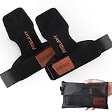 Frelaxy Lifting Wrist Straps Women and Men, Weight Lifting Grips with Cushion Wrist Loop, Double Layer Leather and Storage Pouch, Gym Workout Straps for Deadlift and Powerlifting (All Black)
