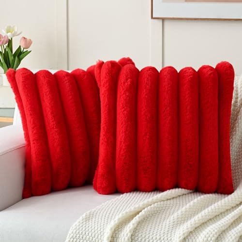 FUTEI Red Decorative Throw Pillow Covers 18x18 Inch Set of 2 Square Soft Faux Rabbit Fur Thick Striped Cushion Cover Spring Home Decor for Couch Bed Living Room