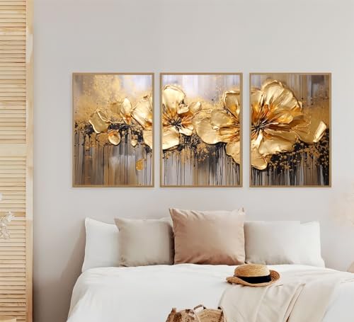 Kit 3 Quadros Flores Dourada Ouro Moderno Decoração Casa Sala e Quarto (60x40cm, Carvalho)