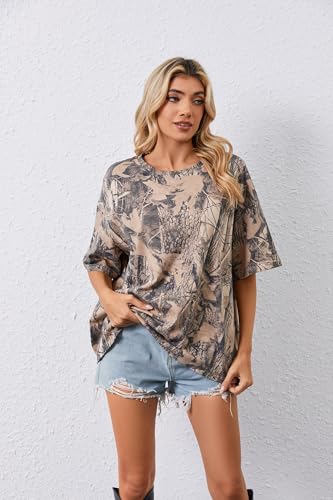 Image of MSBESYOR Camo Shirt for Women Maple Leaf Print Short Sleeve Crewneck T-Shirts Summer Oversized Tee Shirts Streetwear