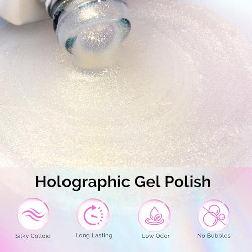 Image of MelodySusie Jelly White Aurora Shimmer Gel Nail Polish, 0.5fl oz Soak Off UV LED Holographic Yellow Glitter Gel Polish Gift for Women Nail Art Manicure Salon DIY Nail Design Decoration at Home-G2303