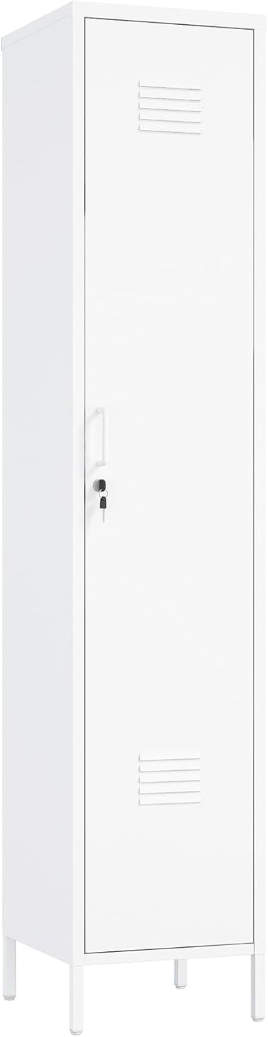 Manhattan Comfort Naomi 72.8'' Tall Storage Cabinet, Single Metal Locker with Lock, Adjustable Shelves, Vented Door & Floor Protectors, Modern Garage & Office Organizer, White