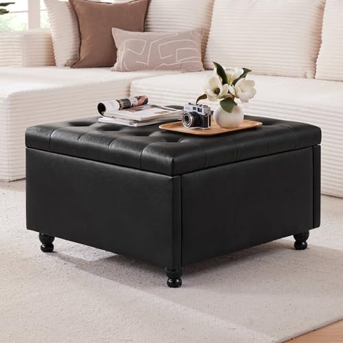 Weture 30 Inch Large Square Storage Ottoman Coffee Table, Oversized Square Ottoman with Storage, Tufted Upholstered Coffee Tables for Living Room (Leather, Black)
