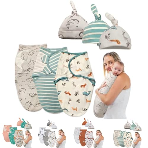 Image of mutualproducts Baby Swaddles with Hats for Newborn Boys and Girls - 3 Pack Organic Cotton Easy Adjustable Swaddle Blanket - Infant Cozy Sleep Sack Baby Swaddle - Lovely Grey Print