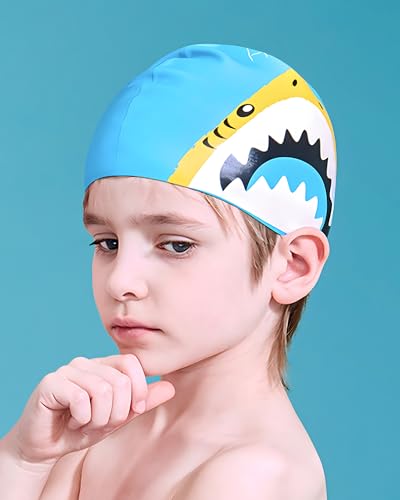 Swimming Cap Kids 6-14 - Swim Hat for Kids 6-14 Years Silicone & Waterproof, Light blue shark, One size fits ages 6-14 - Image 2