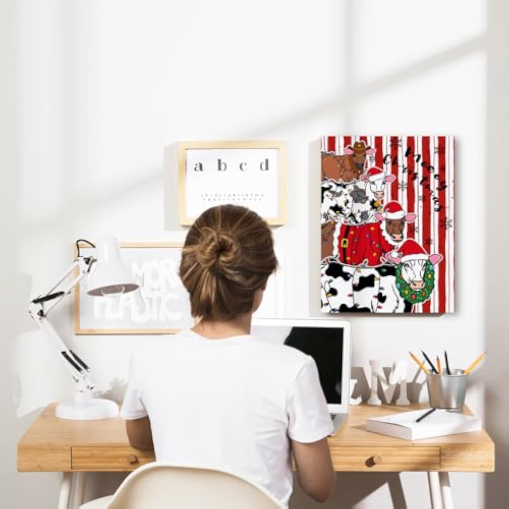 Funny Christmas Cow Canvas Wall Art, Rustic Decor
