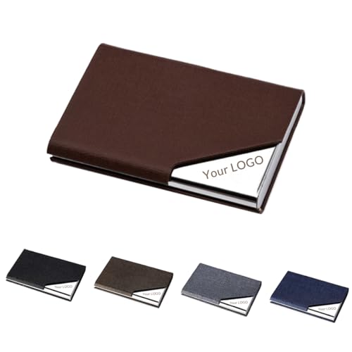 Custom Business Card Holder Case, Personalizd PU Leather & Stainless Steel Multi Wallet Credit Card & ID Holder for Men & Women with Engraved Logo & Name Personalization (Version 2)