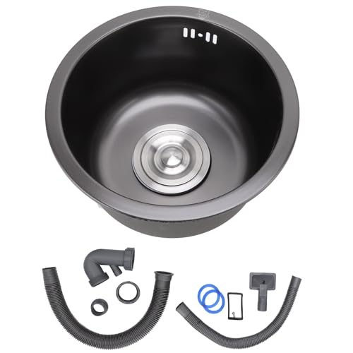 Rundes Mini-Waschbecken aus Edelstahl, Schwarze Küchenbar-Spüle Mit Einzelbecken Und Abtropfgestell, Geeignet Für Küchenbar-Badezimmer(Wie Bild zeigt)