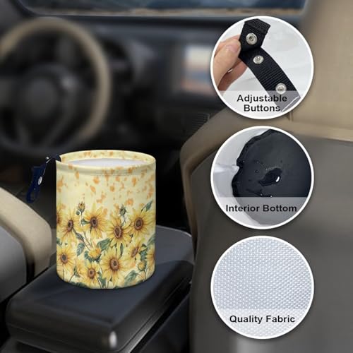 Image of Cute Sunflower Design Car Trash Bin Hanging, Waste Basket - Cute, Portable, Collapsible, Waterproof Rubbish Bag for Back Seat, Floor, or Hanging Headrest