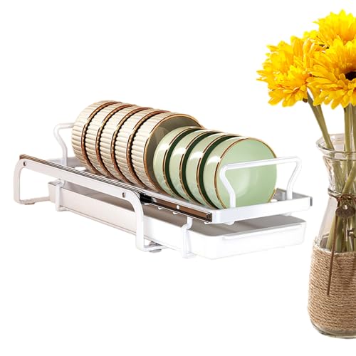 Barra de secado de cuencos, escurridor extensible con bandeja extraíble y soporte para utensilios, organizador compacto de secado de cocina, estante para platos y cubiertos, plegable