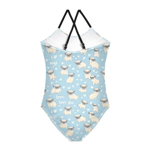 ALAZA Pug Dog Blue Cartoon Girls Swimsuit Bathing Suit Beach Swimwear One Piece 3-10T2
