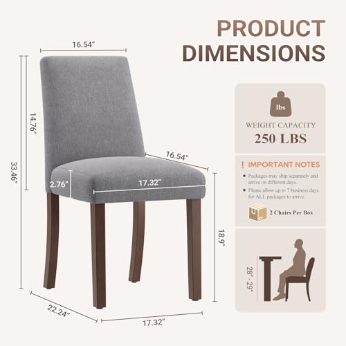 Image of Upholstered Dining Chairs Set of 2, Mid-Century Dining Room Chairs with Wooden Legs, Farmhouse Fabric Parsons Chairs for Small Space Restaurant & Cafe- Gray