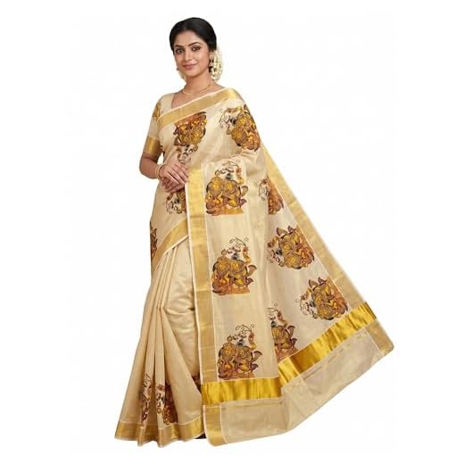 ALLUVY Kuthampully Kerala Saree |Traditional South Indian Sarees |Onam Tissue Kasavu Saree |Authentic South Cultural Sarees With Running Blouse | Mural Hand Printed Lord Radha Krishna | EKM-531