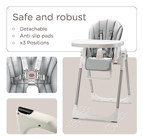 Küb 3-In-1 Foldable Baby High Chair (Grey) | Multifunctional Infant Highchair For Babies & Toddlers | Removable Seat & Tray For Easy Clean | 7 Height & 4 Recline Adjustable | 2 Locking Wheels | Safe #TOP3
