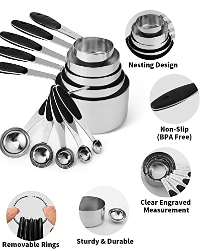 Joyhill Stainless Steel Measuring Cups And Spoons Set Of 10 Piece, Nesting Metal Measuring Cups Set With Soft Touch Silicone Handles For Dry And Liquid Ingredients, Cooking & Baking (Black) #TOP2