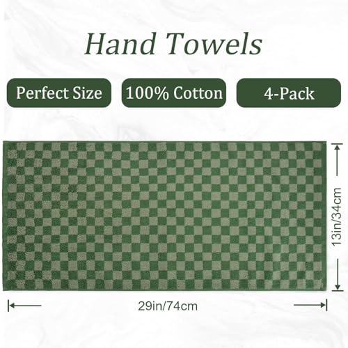 Image of Soft Hand Towels 4 Pack, Green Checkered Face Towel Set for Bathroom | Quick Dry Decorative Kitchen Towels 13x29 Inches