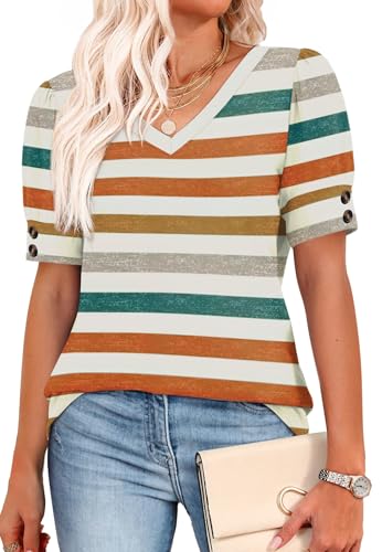Image of OFEEFAN Womens Tops Short Sleeve Shirts Buttons V Neck Spring Fashion Summer Outfits Plus Size Blouses Dressy Casual