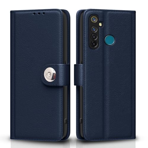 Image of Pikkme Flip Cover Leather Finish | Inside TPU with Card Pockets | Wallet Stand and Shock Proof | Complete Protection Button Flip Case for Realme 5 Pro (Blue)