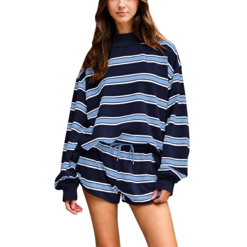 2 Piece Sweatsuits for Women Striped Two Piece Stripe Mock Nek Sweatshirt - image 1