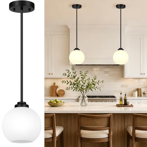 Image of MQMQA 2 Pack Globe Pendant Lights, Mid Century Matte Black Pendant Light Fixtures, Globe Pendant Lights Kitchen Island with Milk Glass Shade Hanging Fixture for Dining Room (Bulbs not Included)