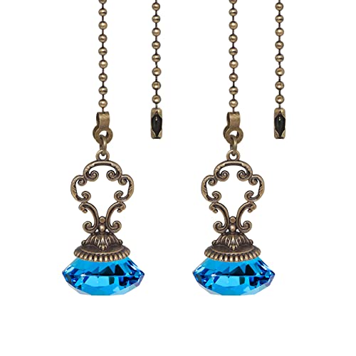 Image of 2pcs Light Blue Crystal Fan Pull Diamond Drop Vintage Pull Chain Ceiling Pull Chain Extender with Connector