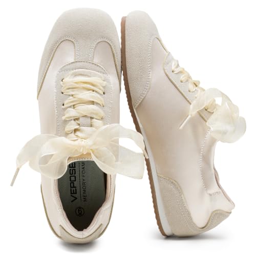Vepose Women's Square Toe Ballet Sneakers, Dressy Satin Lace-Up Trainers | Comfortable low-profile, cute ribbon lace detail, casual retro appeal, non slip flat gum sole, commute, work, trave