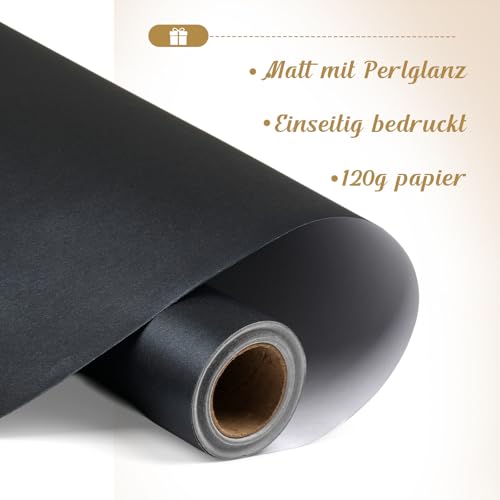 Metallic Geschenkpapier Schwarzes, 43cm*10m Perlglanz Packpapier, Wrapping Paper Plain, Kraftpapier Rolle für Blumen Geschenkbox Dekorationen für Babyparty Hochzeit Geburtstag (Schwarz)