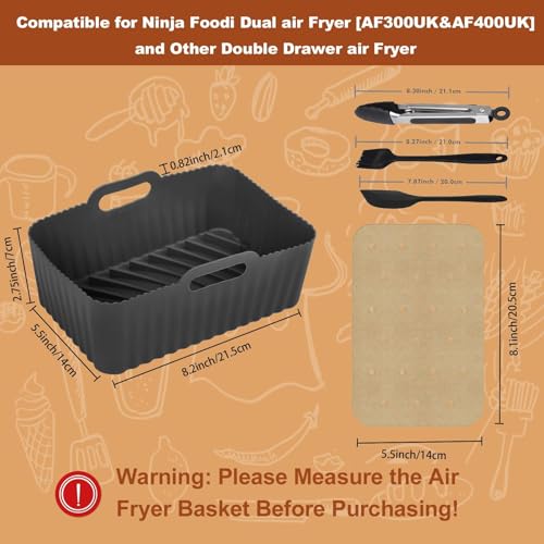 Ninja Air Fryer Accessories, 2Pcs Air Fryer Rack for Grill, Silicone Air Fryer Liners, Air Fryer Paper Liners for Ninja Dual AF300UK AF400UK AF451UK / Tower T17088 Dual Basket Air Fryer 7.6L-9.5L