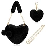Abbylike Valentines Furry Heart Shaped Purse Fluffy Faux Fur Shoulder Bag Crossbody Handbag for Women Girl(Black)