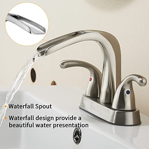 Waterfall Bathroom Faucet Fransiton Bathroom Sink Faucet 4 Inch 2 Handle 3 Hole W/Pop Up Drain, Lead-Free Faucet For Bathroom Sink, Brushed Nickel Lavatory Faucet #TOP3