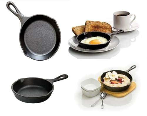 Vintage Gourmet The Mini Cast Iron Skillet, 5 Small Frying Pans with Double Drip-Spouts Pre-Seasoned Oven Safe Cookware, Camping Indoor Outdoor Cooking, Grill Safe, One Egg, Restaurant Chef Quality