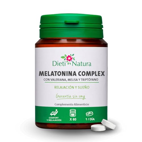 DIETI NATURA Melatonina Complex 60 Cápsulas para Dormir Mejor con Valeriana - Melatonina 1,8 mg para Conciliar el Sueño - Triptófano Relajante para Estrés - Melisa y Teanina para Sueño Profundo