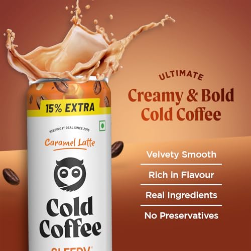 Image of Sleepy Owl Salted Caramel Cold Coffee Liquid|4 X 230Ml Cans|Made With Real Milk & Coffee|No Preservatives (Pack of 2)