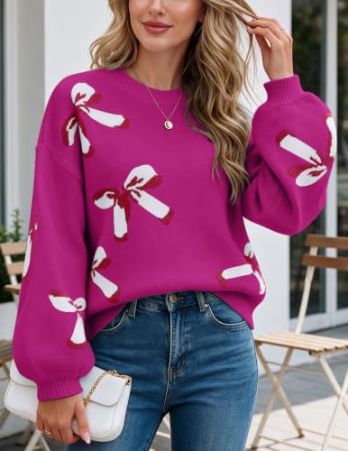 Image of Libsorge Womens Oversized Cute Bows Crewneck Pullover Sweater | Fall Winter Trendy Long Shoulder Balloon Sleeve Cozy Knit Baggy Printed Dressy Casual Valentines Day Vintage Sweaters