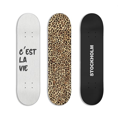TwoDays Stockholm Style Skateboard Wall Decor - Modern Wall Mount Art Set for Mens Apartment & Dorm Cool Cheetah Print Skate Deck Trendy Skater Room Design (Set of 3)