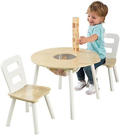 KidKraft Wooden Round Table & 2 Chair Set with Center Mesh Storage - Natural & White, Gift for Ages 3-6 23.5 x 23.5 x 17.3
