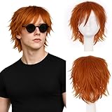 SEGO Unisex Short Fluffy Layered Straight Anime Cosplay Wig, Heat Resistant Synthetic Hair for Halloween, Party, Costume, Dark Orange Wig