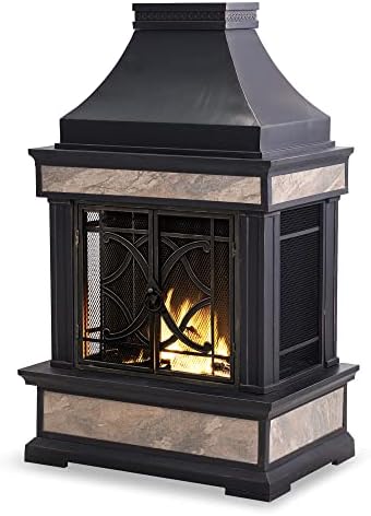 Sunjoy Heirloom Outdoor Patio Wood Burning Steel Fireplace with Chimney, Spark Screen, Fire Poker, and Removable Grate, Black