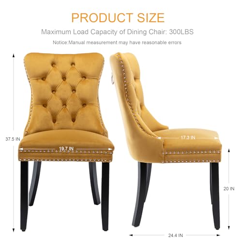 MZDOO Velvet Dining Chairs Set of 2, Tufted Upholstered Dining Room Chairs with Back Ring Pull, Nailhead Trim and Solid Wood Legs, Modern Dining Chairs for Dining Room, Kitchen(Gold)