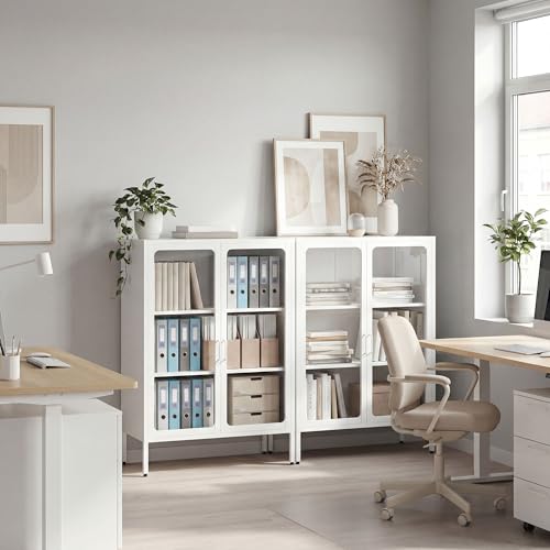 Homcom Armadio Portadocumenti In Acciaio A 2 Ante In Vetro Temperato, Schedario Da Ufficio Con Ripiani Regolabili, Mobiletto Multiuso Portaoggetti, Per Ufficio Studio Casa, 80X40X110 Cm, Bianco - 8